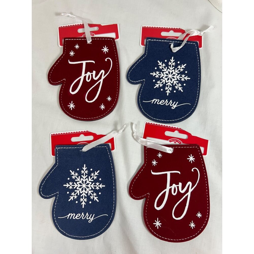 Holiday Felt Mitten Ornaments Joy Merry Set Of 4  Red Blue Christmas Tree 4.5in